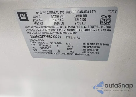 2013 Chevrolet Equinox 1Lt из США, поврежденный, VIN 2GNALDEK3D6213221